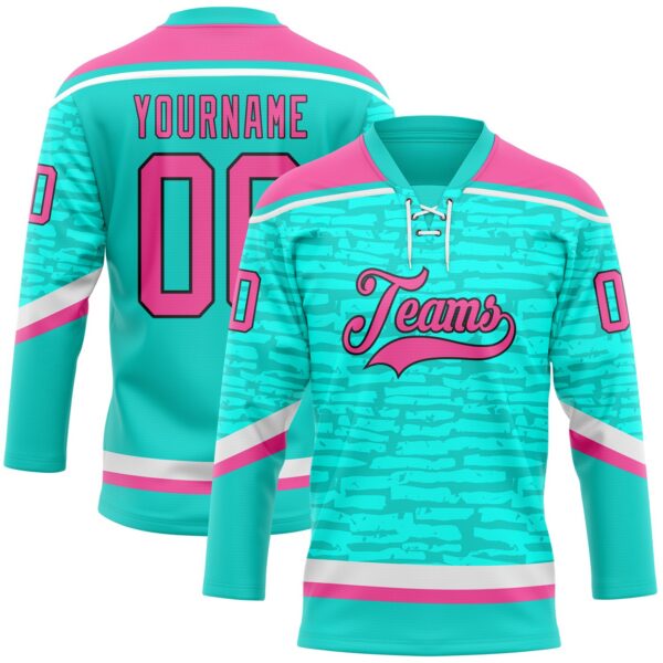 Custom Aqua Pink Black-White 3D Pattern Fragment Art Hockey Lace Neck Jersey