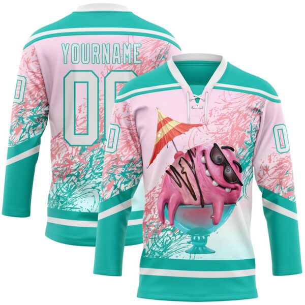 Custom Aqua White-Pink 3D Pattern Design Foodie Funny Ice Cream Hockey Lace Neck Jersey