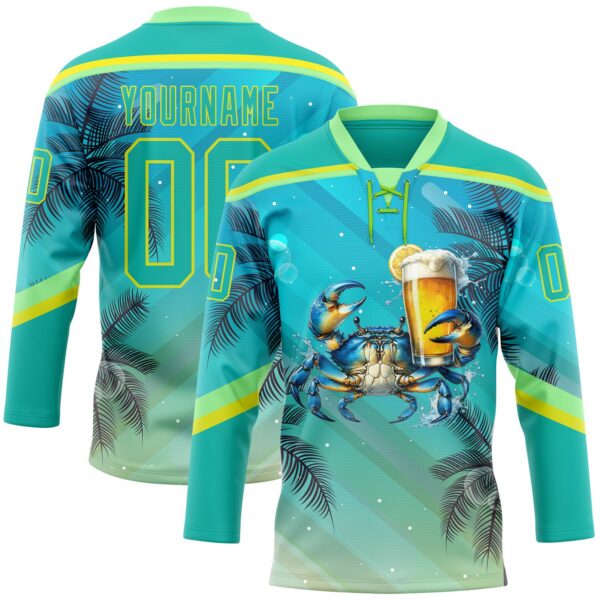 Custom Aqua Neon Yellow-Pea Green 3D Pattern Gradient Hawaii Tropical Palm Trees Hockey Lace Neck Jersey