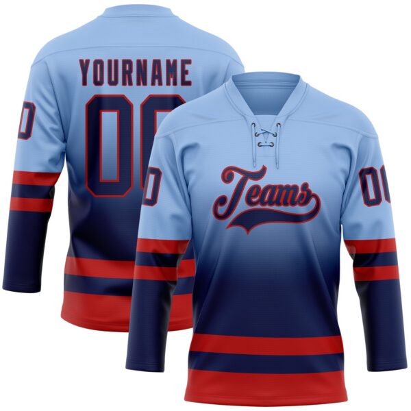 Custom Light Blue Navy-Red Fade Fashion Hockey Lace Neck Jersey
