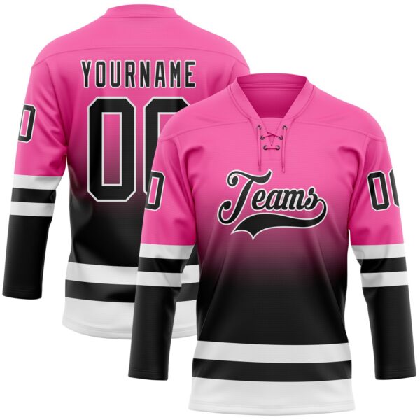 Custom Pink Black-White Fade Fashion Hockey Lace Neck Jersey