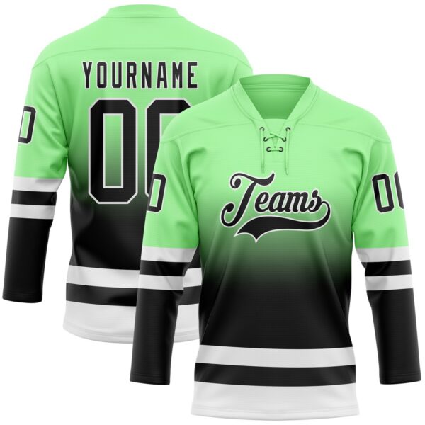 Custom Pea Green Black-White Fade Fashion Hockey Lace Neck Jersey